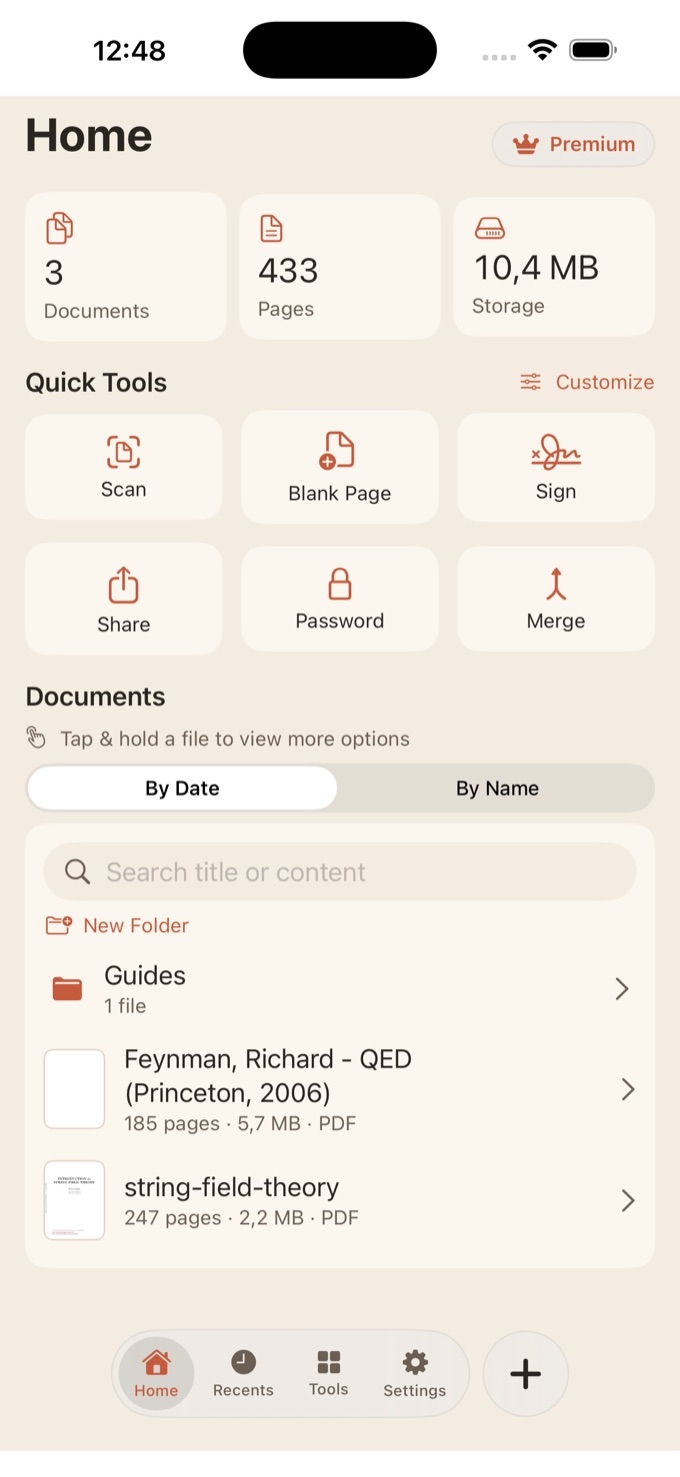 rawPDF home screen with quick tools and documents
