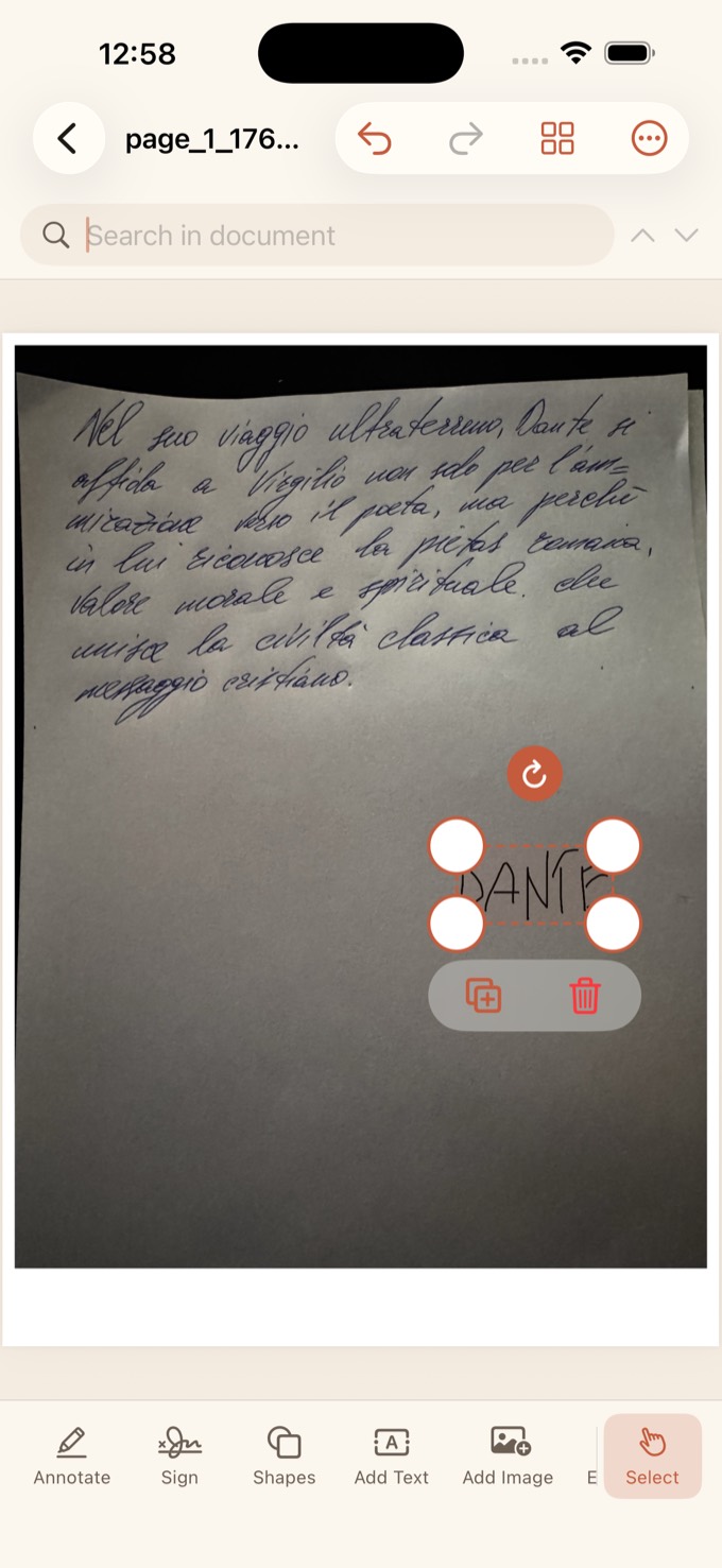 rawPDF editing a scanned handwritten page